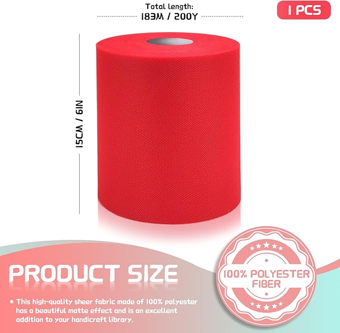 6" x 200 Yards Red Tulle Fabric Rolls, Red Spool Tulle Ribbon for DIY Tutu Skirt Wedding Decoration Baby Shower Birthday Party Backdrop Gift Wrapping Bow Craft Supplies