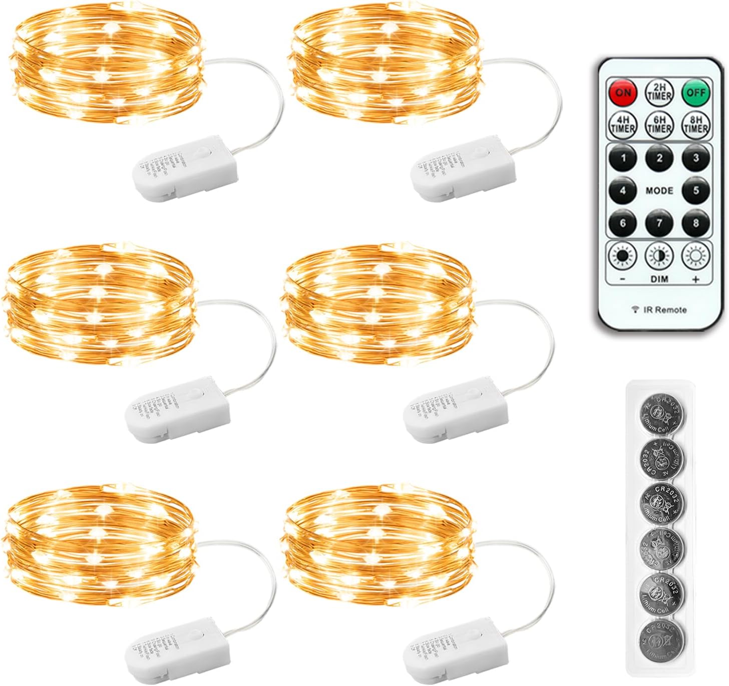 6PCS Fairy Lights Battery Powered with Remote, 7ft 20LEDs Warm White Twinkle Mini Lights with Timer, Waterproof Small Silver Wire Firefly Starry for DIY Wedding Party Christmas