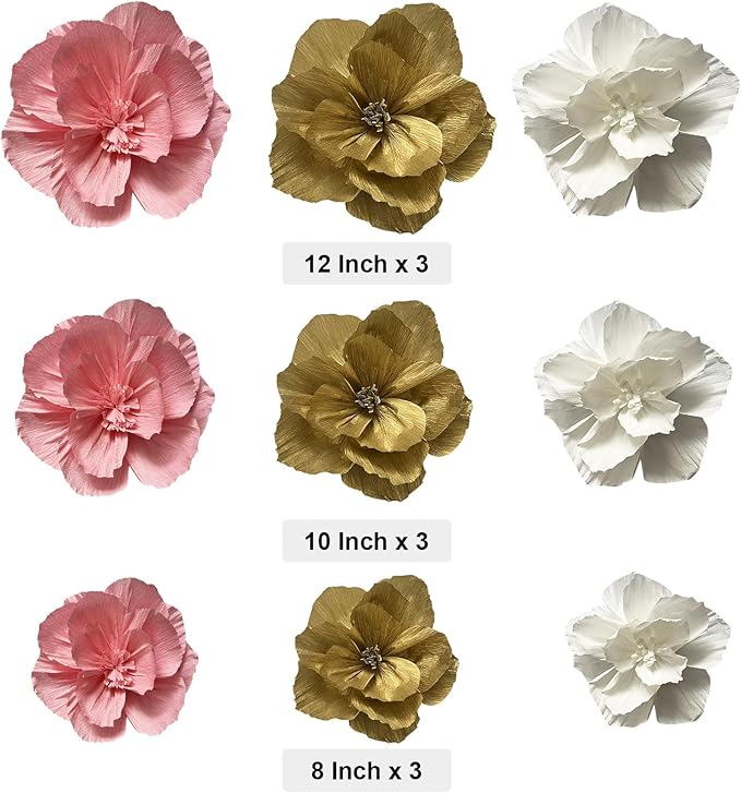 BRT Bearingshui Crepe Paper Flowers Decoration for Wall Total 9 Pcs, Artificial Flowers Backdrop for Wedding Decor Baby Bridal Shower Birthday Party, Pink White Gold 3D Wall Flowers Decor