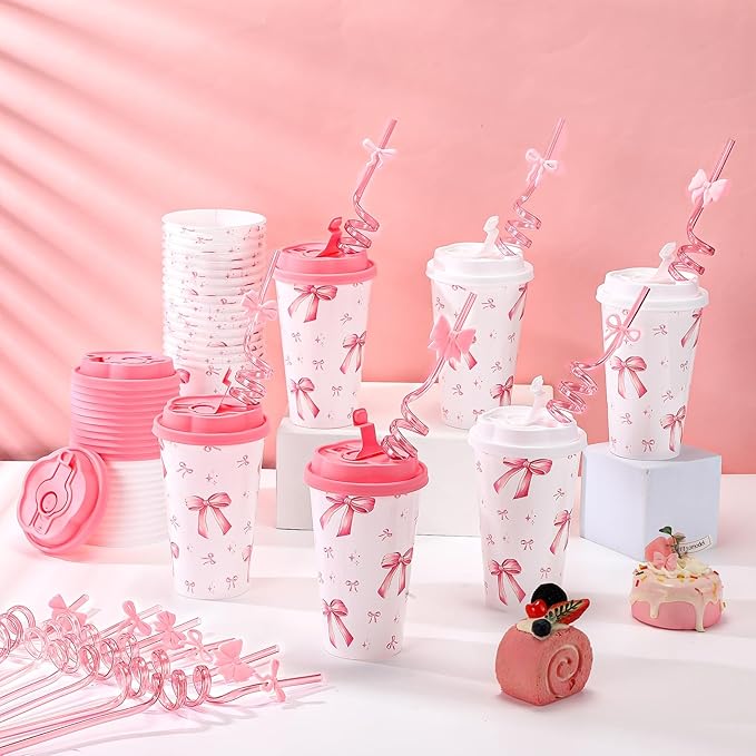 Yungyan 36 Sets Pink Bow Party Favors Goodie Cups with Lids and Straws for Birthday Coquette Party Decorations Reusable 16oz Plastic Candy Cups Plastic Straws for Christmas Decor(Pink Bow)