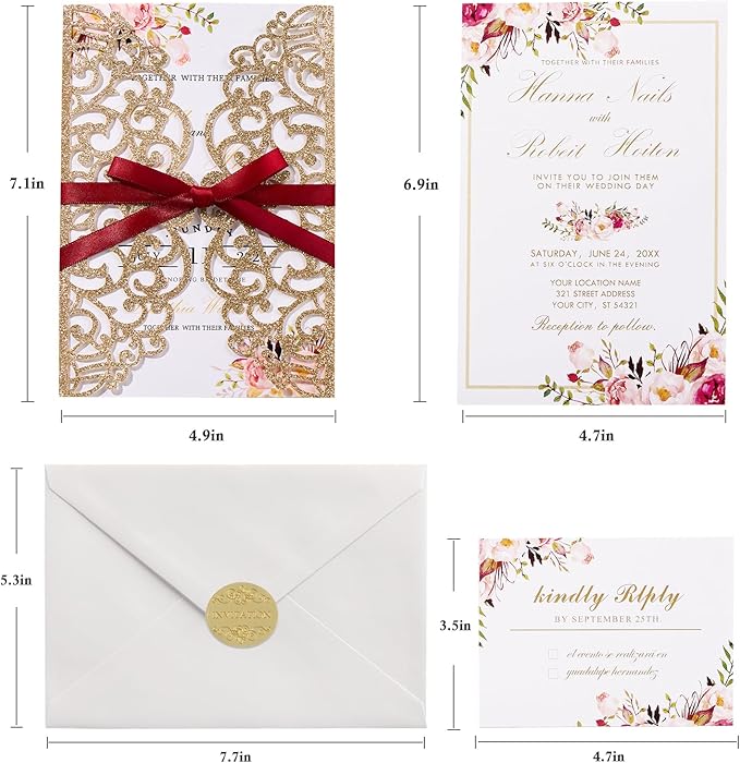 25pcs Personalized Wedding Invitations with Envelopes and RSVP Cards Blank Rose Gold 5×7 Glitter Laser Cut Invitation Pockets for Wedding Engagement Bridal Shower Birthday Quinceañera Anniversary
