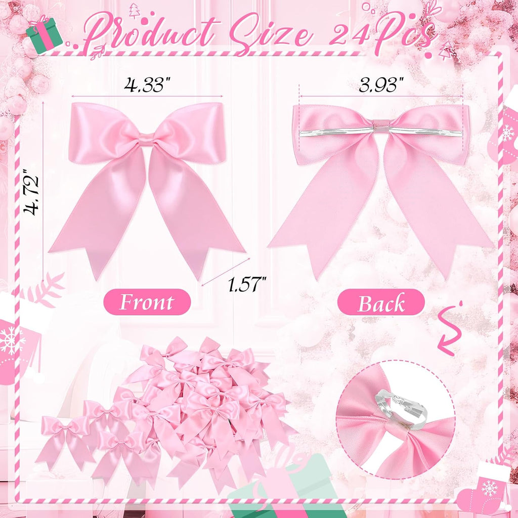 24 Pcs Pink Satin Ribbon Bows Christmas Tree Decorations, Christmas Wreath Bow Topper for Xmas Gift Packaging Home Wreath Fence Fireplace Wedding Party Decor