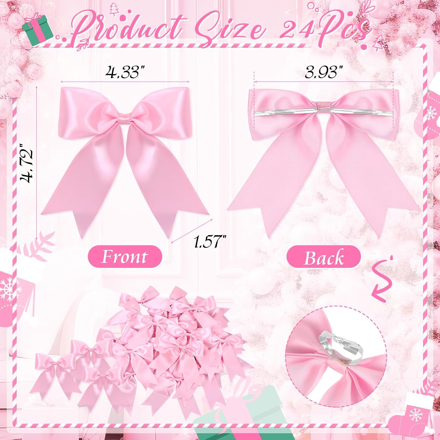 24 Pcs Pink Satin Ribbon Bows Christmas Tree Decorations, Christmas Wreath Bow Topper for Xmas Gift Packaging Home Wreath Fence Fireplace Wedding Party Decor