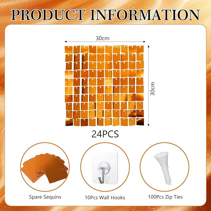 24PCS Orange Shimmer Wall Backdrop, Square Sequin Backdrops Panel, Glitter Wall Background for Birthdays, Weddings, Halloween, Thanksgiving, Disco Bachelorette Party Decoration (4FTx6FT)