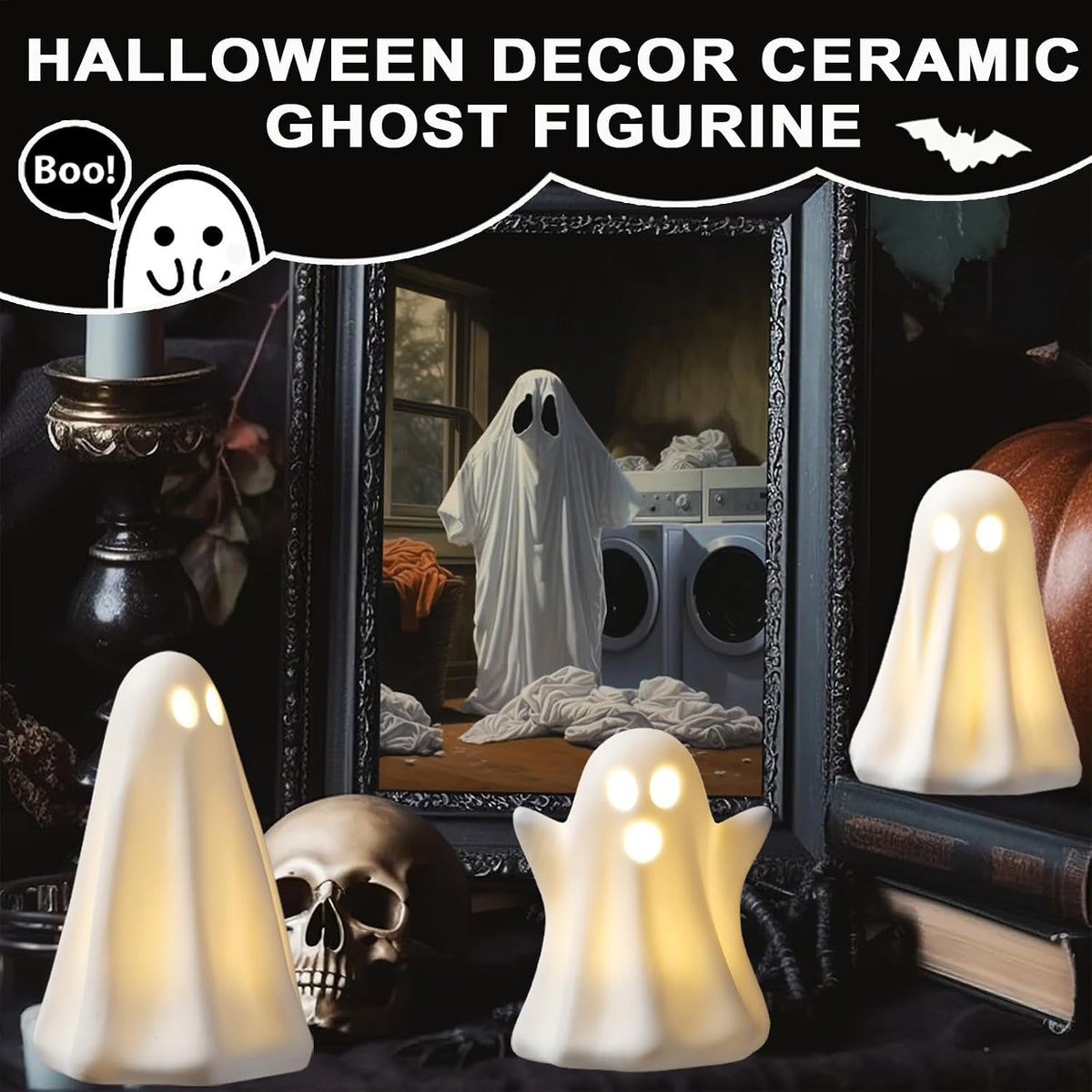 Light Up Ghost Halloween Decor,Ceramic Halloween Ghost Decorations Indoor