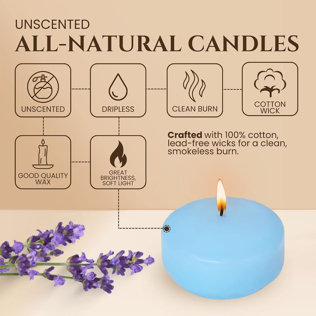 Pack of 24 - Floating Candles 2 Inch for Centerpieces - 4+Hours Paraffin Wax Cotton Wick | Dripless & Smokeless for Home Decor, Wedding Decorations, Valentine Decors, Birthday Dinners, Celebrations