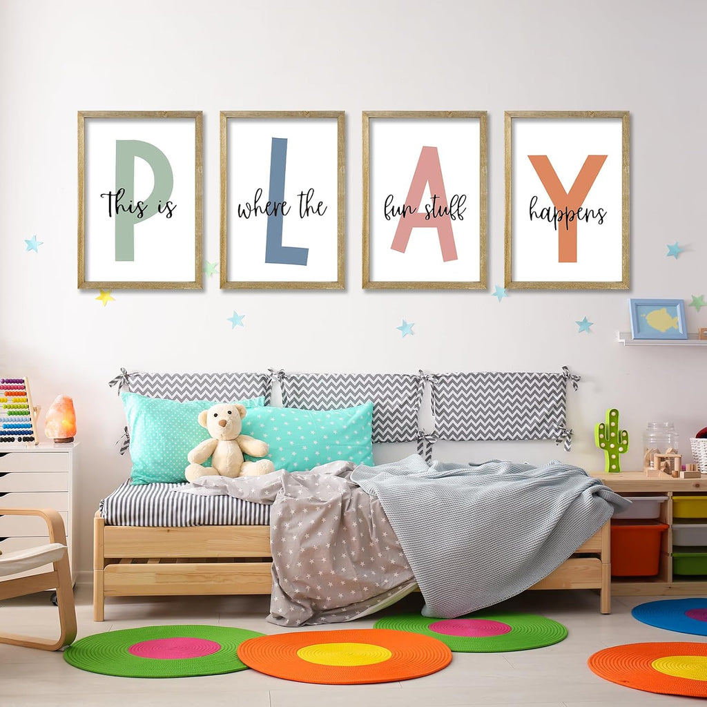 This Is Where The Fun Stuff Happens Kids Playroom Wall Art Decor 16x11 Inch Set Of 4 Rustic Kids Wood Framed Sign Toddler Modren Nursery Interesting Let's Play Prints Wall Hanging (Wood)