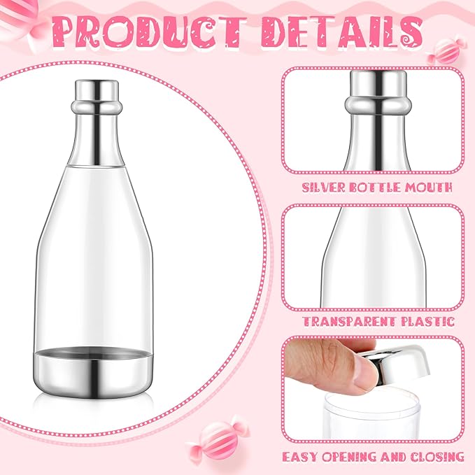 Gerrii 100 Pcs Silver Champagne Bottle Container Set, Mini Champagne Candy Bottles Plastic DIY Favor Candy Jars with Tags Party Favor Containers for Baby Shower Bridal Wedding Birthday Party