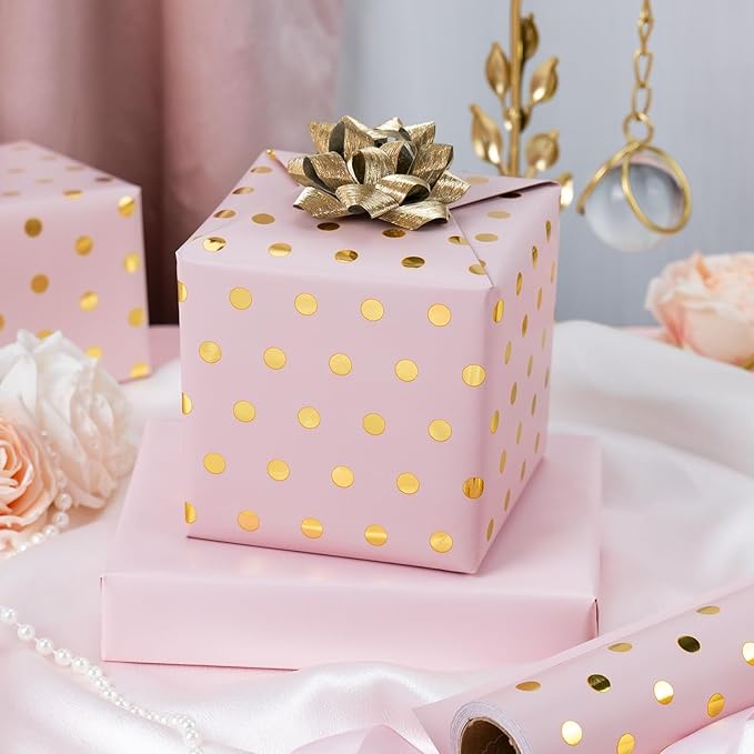 Flyhill Pink Wrapping Paper Roll,Reversible Mini Roll Gold Foil Polka Dot Gift Wrap for Birthday,Girls,Baby Shower,Wedding (17 Inch X 32.8 Feet)