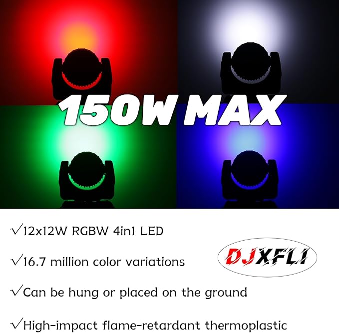 Moving Head Light Beam Wash 12x12W LED Stage Lighting RGBW 4in1 Professional DMX 512 Strobe Effect Sound Activated DJ Lights for DJ Night Clubs Disco KTV Bar Show (1 Pack)