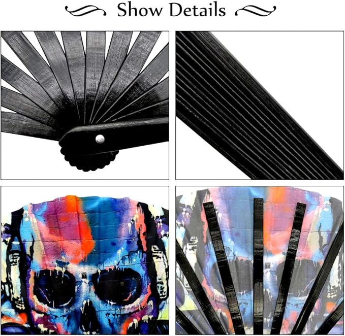 2 Pack Large Folding Rave Fan for Women/Men Holographic Festival Bamboo Clack Hand Fan Decorative Accessories for EDM, Music Festival, Event, Party, Dance, Performance,Halloween (Style-2)