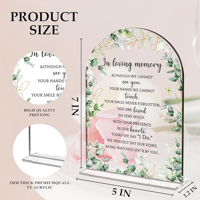 Wedding Sign Decor, In Loving Memory Wedding Sign, 5x7 Inch Arch Acrylic, Weddings Sign for Reception & Event, Bridal Shower Decorations, Wedding Table Sign Accessories for Anniversary Party(Foliage)