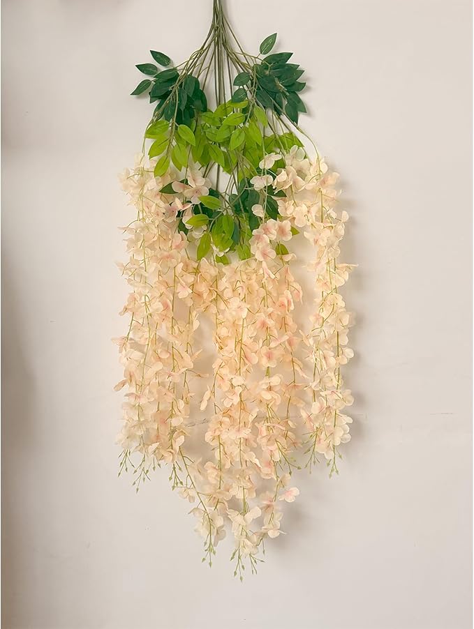 24 Pack Champagne Pink Wisteria Hanging Flowers, 3.44 Ft Fake Hanging Flowers, Artificial Wisteria Garland Vines for Wedding Room Backdrop Outdoor Patio Garden Decoration