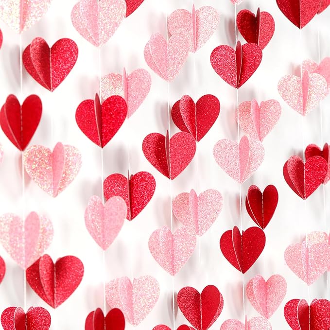 Red Pink Party-Decorations 3D-Heart Garland - 40ft Galentines Streamers Paper Banner, Proposal Anniversary Romantic Birthday Baby Shower Rustic Wedding Hanging Ornaments Decor Hugfond