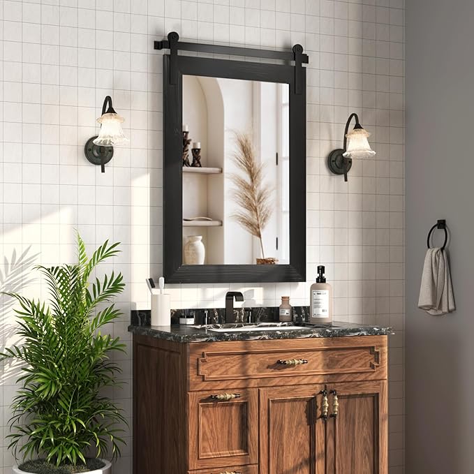 COGOOD Farmhouse Bathroom Mirror - 42 x 29 Rustic Barn Door Style Mirror for Living Room, Entryway, Vanity Wall Decor (Black)