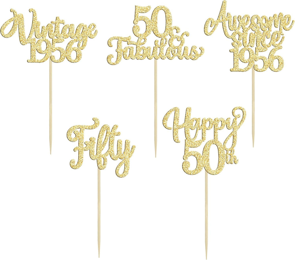 30Pcs Vintage 1976 Cupcake Toppers Glitter Fifty Happy 50th Birthday 50 Fabulous Cupcake Picks Cheers to 50 Years for 50th Birthday Wedding Anniversary Party Cake Decorations Supplies Gold