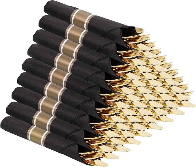 Supernal 60 Pack Gold Silverware, Rolled, Pre Wrapped with Black Napkins, Heavy Duty Plastic Cutlery, Forks and Spoons