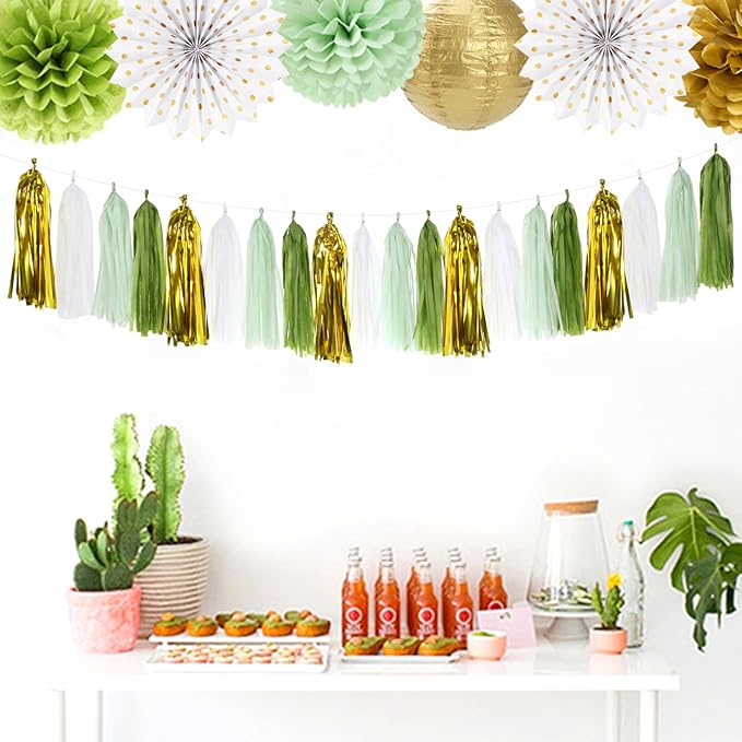 Sage-Olive Green Gold Party-Decorations Tassel-Garland - 20pcs Rustic Wedding Baby Shower Tassels Banner Streamers, Birthday Bachelorette Engagement Bridal Decor Panduola