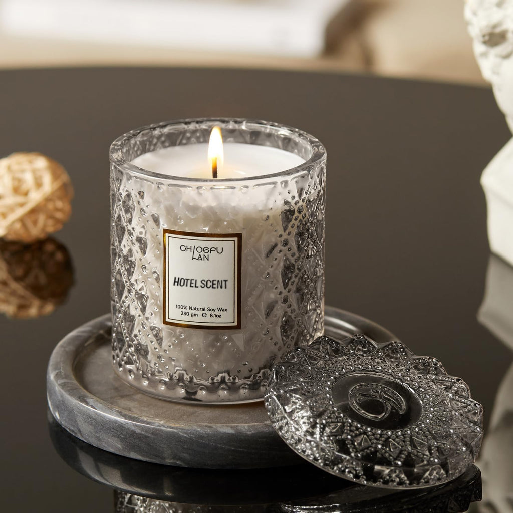 Chloefu LAN Hotel Scented Candle Natural Essential Oil, Luxury Scented Soy Jar Candle Gifts, Highly Scented, 8.1oz, Unique Blend to Promote Sleep & Relieve Stress