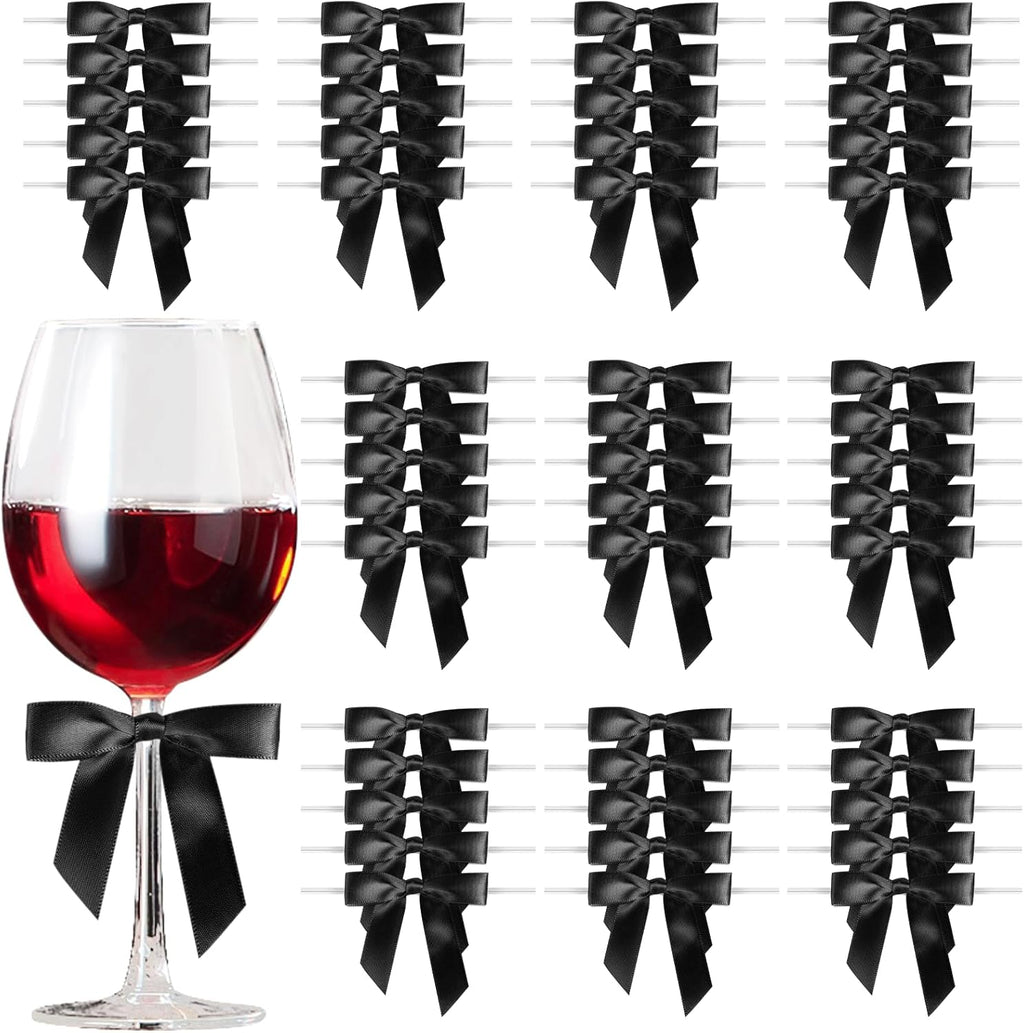 Satin Ribbon Black Bow Decor 2.5" Premade Pink Twist Tie Bows for Gift Wrapping Treat Bags Party Favors Wedding Decorations - 50 Counts