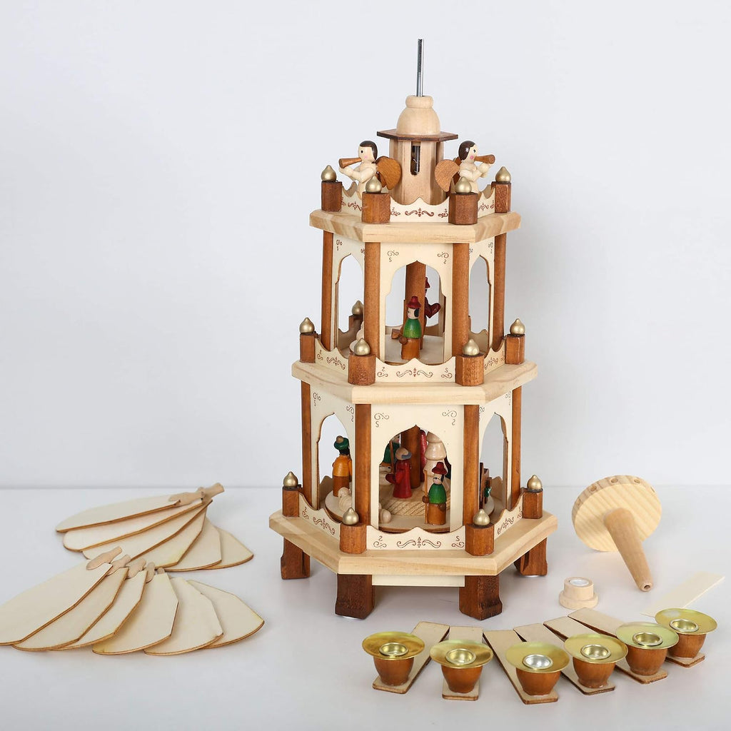 17 Inch Wooden Christmas Pyramid Windmill Candle Holders - 3 Tiers Carousel- Hand Painted Nativity Figurines - Turning Wings (005-Natural)