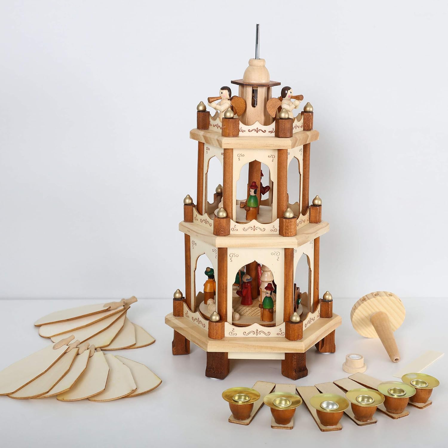 17 Inch Wooden Christmas Pyramid Windmill Candle Holders - 3 Tiers Carousel- Hand Painted Nativity Figurines - Turning Wings (005-Natural)