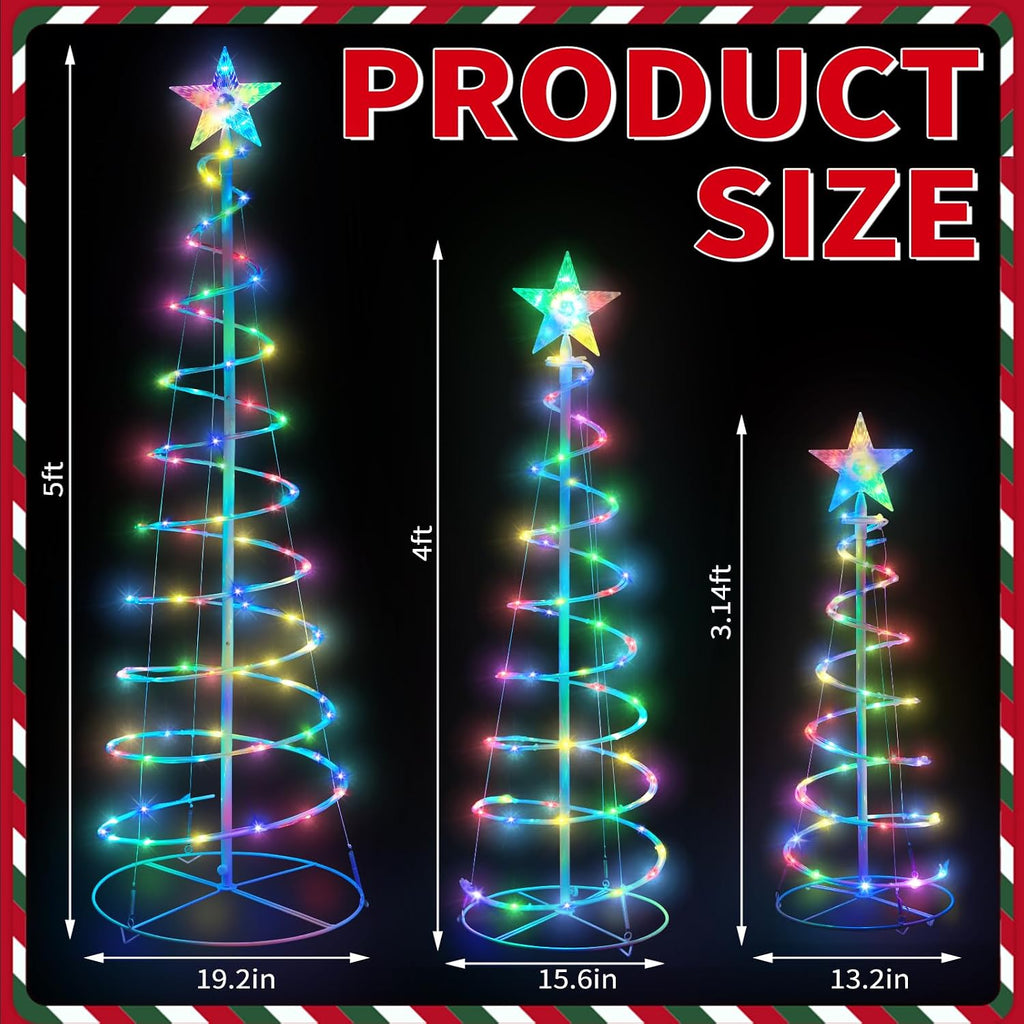 set of 3 christmas spiral tree lights, 3/4/5, close-up detail