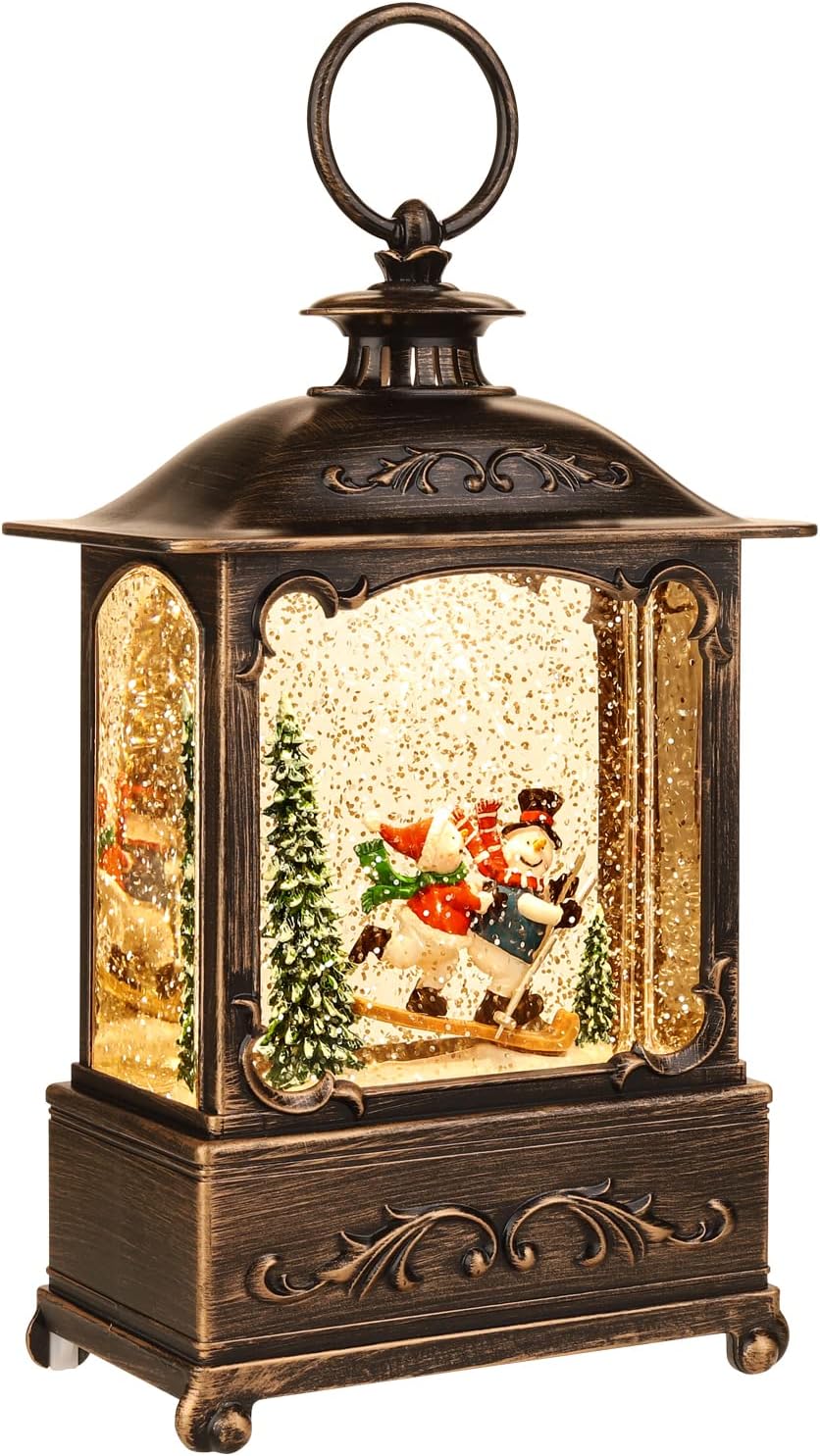 Christmas Snow Globe Lantern Christmas Decorations Water Glittering Lanterns with Music & Timer, USB Lined/Battery Operated Lighted Lantern for Christmas Festival Decoration Gifts (Skiing Snowman)