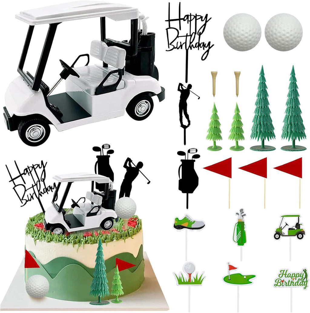 2026 New Golf Cake Decorations with Mini Cart, Clubs, Ball, Green Tree, Red Flag Cupcake Toppers, for Golf Theme Birthday Party Decoration Supplies