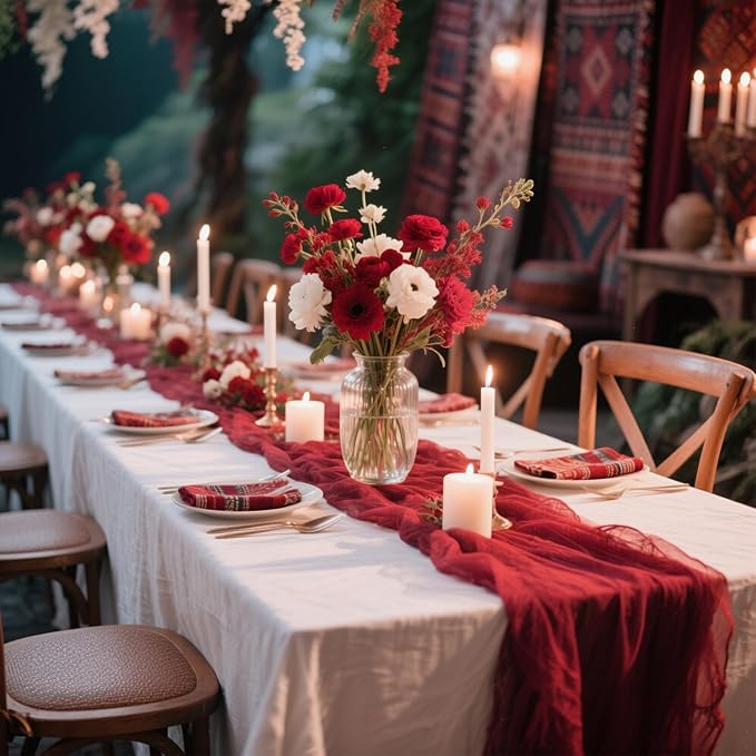 3 Pack Red Cheesecloth Table Runner Gauze Christmas Table Runner 35x120 Inch Rustic Boho Cheese Cloth Sheer Runner for Wedding Baby Shower Bridal Shower Birthday Party Holiday Decorations