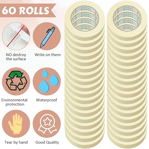 Masking Tape Bulk General Purpose Masking Painting Tape 55 Yards for Painting Home Office School Stationery Arts Crafts Basic Use, Easy Removal(60 Rolls,0.8 Inch)