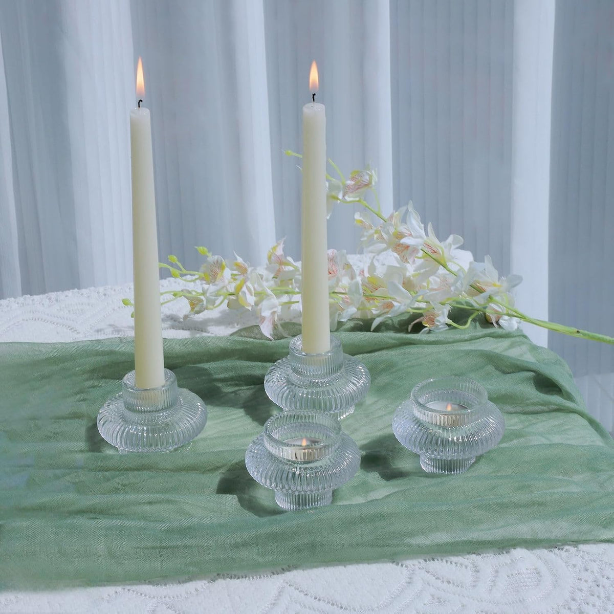 VOHO 12pcs Taper Candle Holders Ribbed Glass, Clear Candle Holder Stackable