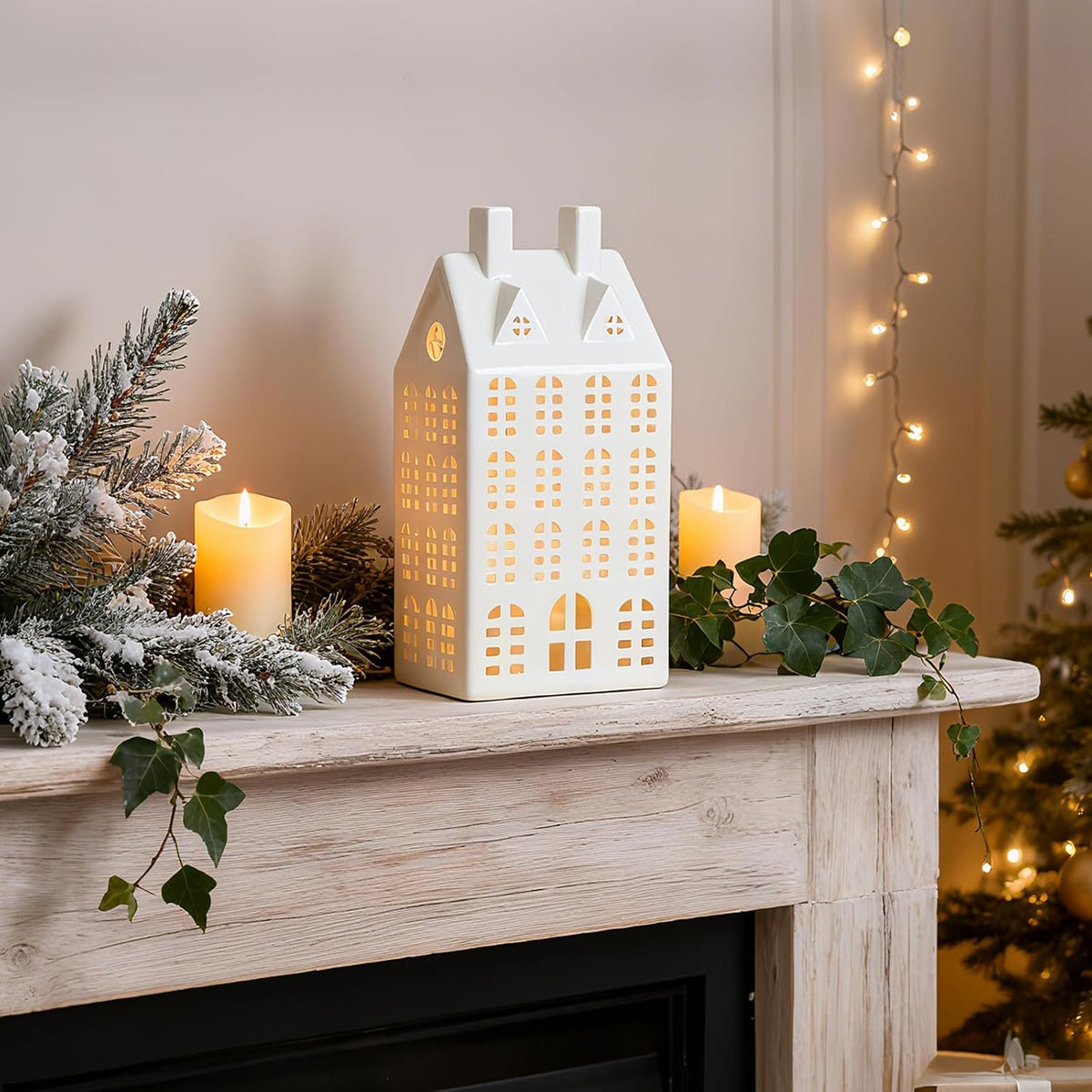 dn deconation light up christmas village house, white, side view