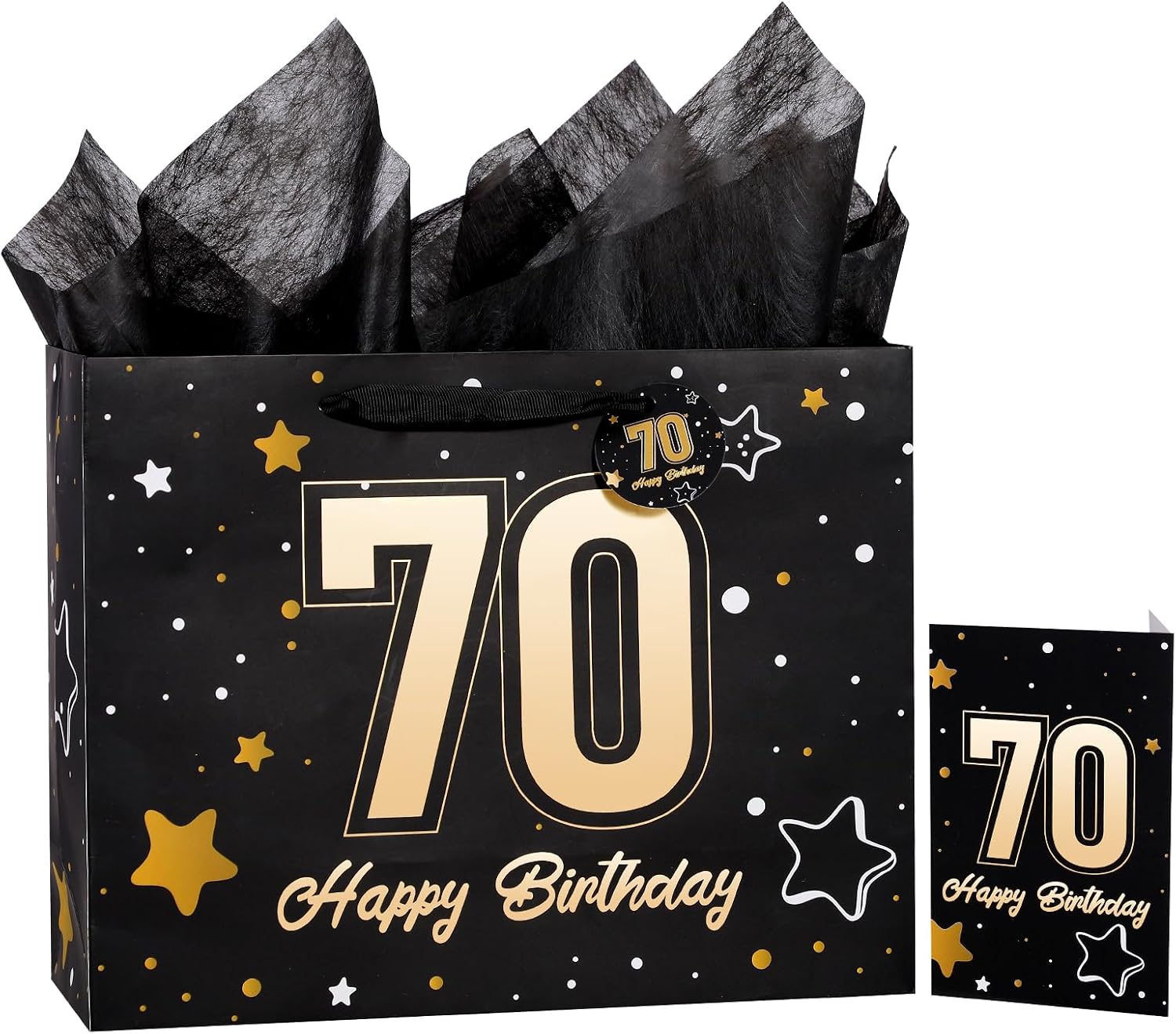 Powbrace 13" Black 70th Birthday Gift Bag with Tissue Paper and Greeting Card for Party,Happy Birthday Gift Bag for Men Women,Gift Bags Medium size(1 Black 70th)