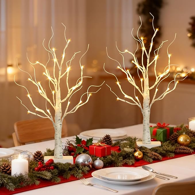 Vanthylit 2 Pcs Lighted Birch Tree Battery Powered Tabletop Tree Decorations for Home Fireplace Party Christmas Decorations (22 Inch)