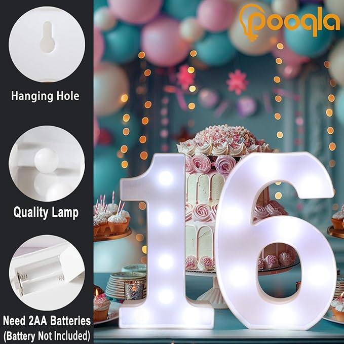 Pooqla 16th Birthday Decoration for Girls Boys, Decorative LED Light Up Numbers, Marquee Numbers 16 Sign for Teen Party Backdrop 16th Wedding Anniversary Decor, Warm White and Cool White Number 16