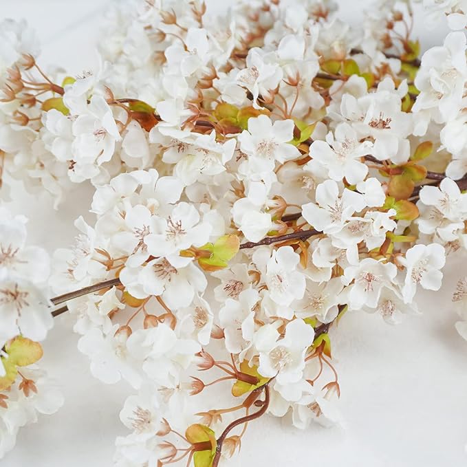 Uieke Silk Cherry Blossom Branches, 39.3in Artificial Cherry Blossom Tree Stems, Fake Plum Blossom Flowers Arrangement for Wedding Home Japanese Decor, Set of 3, White
