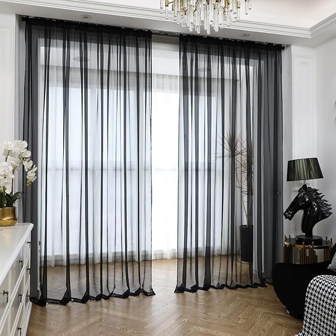 Window Black Sheer Curtains 60 Inches Width 84 Inches Long 2 Panels Sheer Curtains Clear Curtains Basic Rod Pocket Panel for Home Living Room Bedroom Kids Room Yard Patio Parlor Sliding