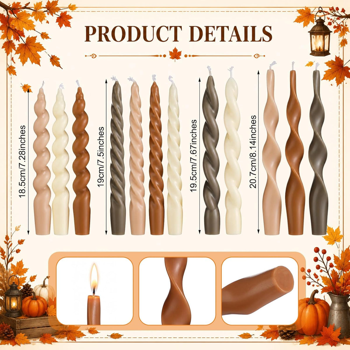 Nuanchu 12 Pcs Fall Spiral Taper Candles 7.5" Beige Twisted Candlesticks