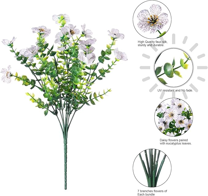 HyeFlora Artificial Flowers for Outdoor Indoor Garden Home Decoration, Faux Flower Daisy with Eucalyptus Leaves Fake Plants Greenery Boxwood Porch Patio, 12 Bundles (Creamy White)