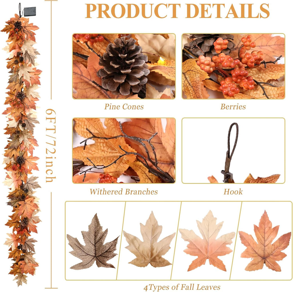 6 ft lighted fall garland with lights autumn, side view