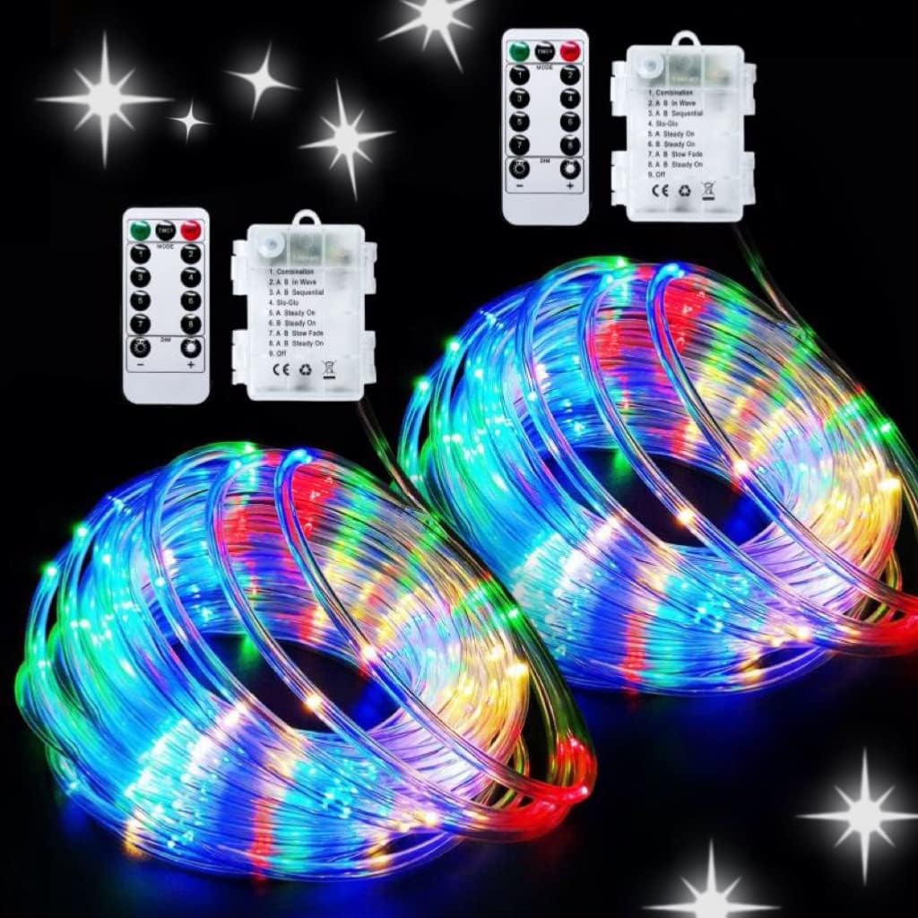 JMEXSUSS 2 Pack Battery Operated String Lights Outdoor with 8 Modes | Total 200 LED 66ft Battery Powered Rope Lights with Remote &Timer, Camping Lights for Trampoline Camping Decor (Multicolor)