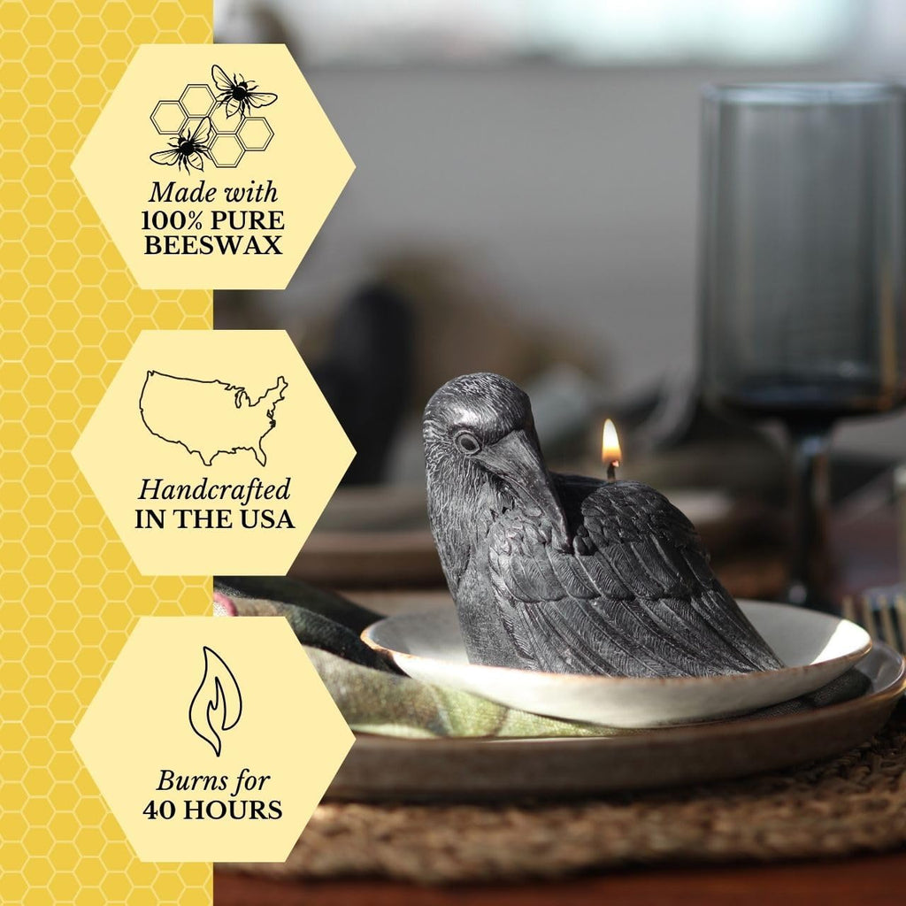 Big Dipper Wax Works Black Crow Candle – Handcrafted 100% Pure Beeswax, 4" × 3.5", Unscented, 24-Hour Clean Burn, Artisan Halloween Décor & Gothic Home Accent, Eco-Friendly Candle