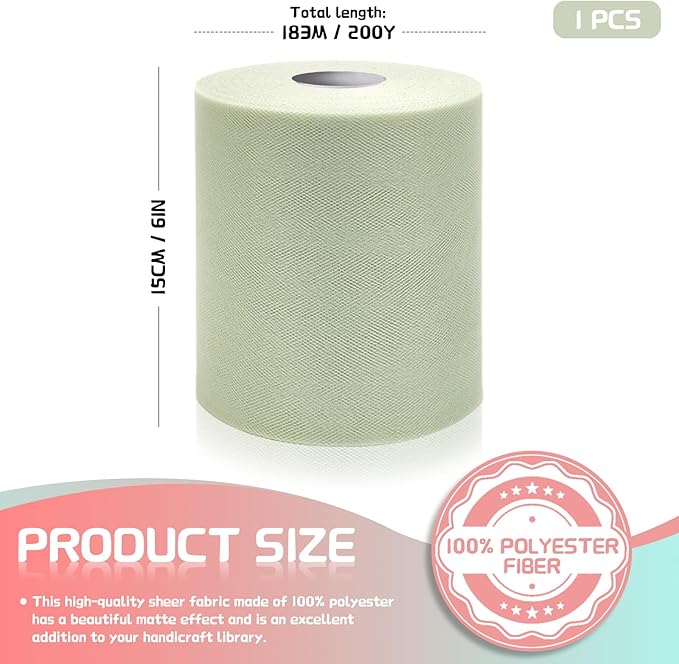 6" x 200 Yards Sage Green Tulle Fabric Rolls, Green Spool Tulle Ribbon for DIY Tutu Skirt Wedding Decoration Baby Shower Birthday Party Backdrop Gift Wrapping Bow Craft Supplies
