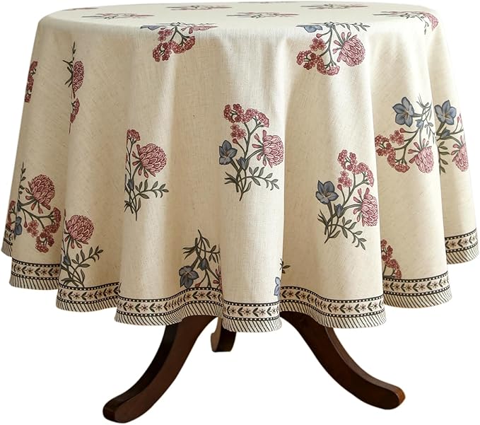 ISAENNE Designer Linen Light Beige Small Round Tablecloth,French Colorful Floral Table Cloth,Stain Resistant Decor Tablecloths for Dining Thanksgiving Christmas Kitchen,Diameter 55"-Helena E