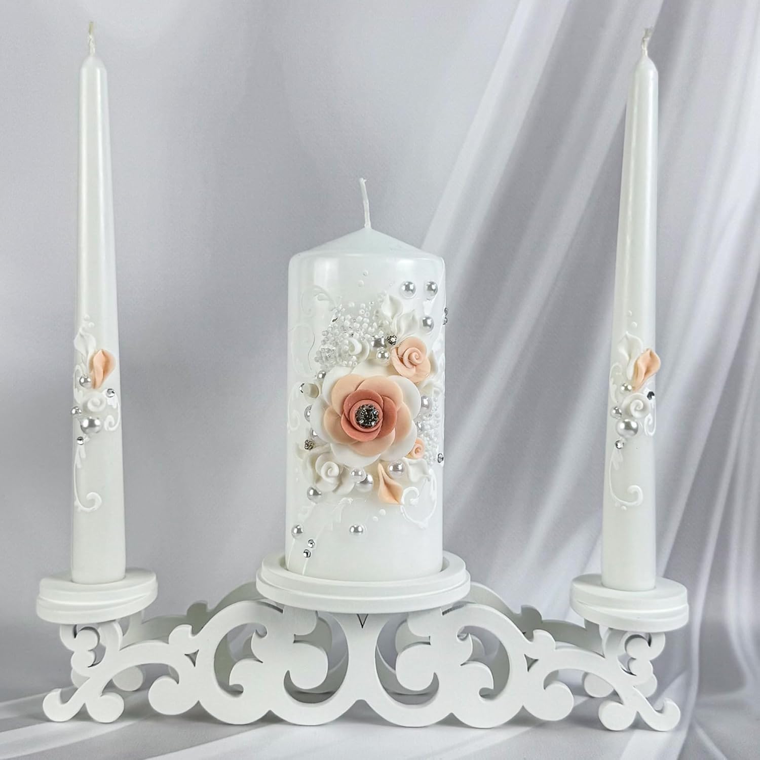 Unity Candle Set - Wedding Ceremony & Reception – 6” Pillar & Two 10” Taper Candles – Long Burning Unity Candles for Marriage Ritual – Handmade in USA – White | Rose