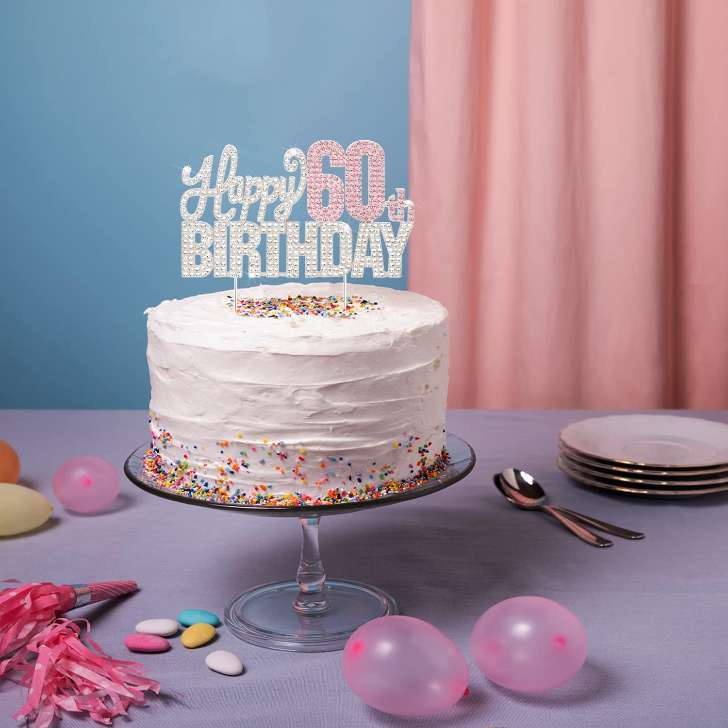 Happy 60th Birthday Pink & Silver Rhinestone Cake Topper - Cheers to 60 Years Old Sixty Bday Metal Sparkly Cake Centerpieces Topper Decorations Sign.