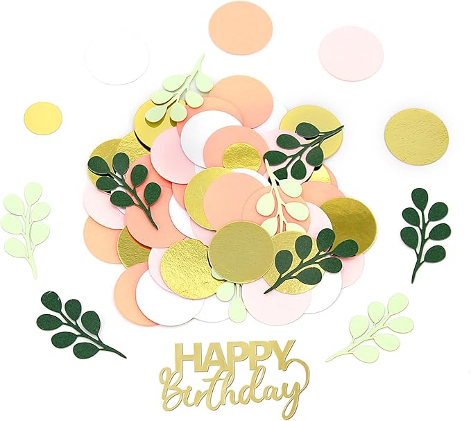 300PC Pink and Sage Green Happy Birthday Confetti for Table Boho Birthday Decorations for Women/Girl Round Dots Eucalyptus Table Scatters Party Supplies