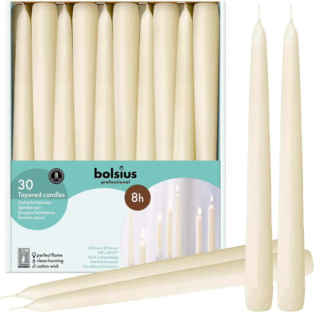 BOLSIUS Long Household Ivory Taper Candles - 10-inch Unscented Premium Quality Wax - 8 Hour Long Burning Dripless Candles Bulk Pack of 30 for Home Decor, Wedding, Parties and Special Occasions