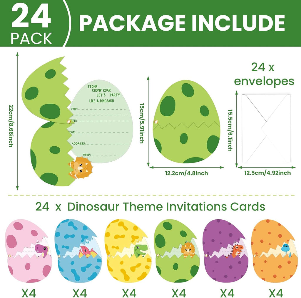 24 Pack Dinosaur Birthday Party Invitations Cards with Envelopes Dinosaur Party Supplies Fill In Birthday Dino Eggs Invite Cards Stickers for Kids Boys Girls Dinosaur Birthday Party Decorations Favor